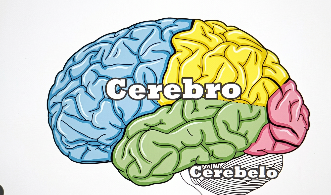 Ilustración de un cerebro humano dividido en secciones de colores, etiquetadas como 'Cerebro' y 'Cerebelo'.